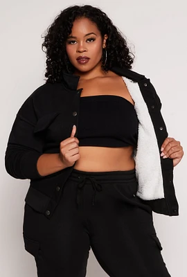 Womens Plus Size Snap Button Front Shacket, Black, Size 1X