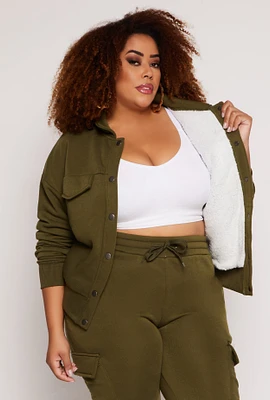 Womens Plus Size Snap Button Front Shacket, Green, Size 1X