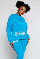 Womens Plus Size Queene Puff Print Fleece Lined Sweatshirt, Blue, Size 1X