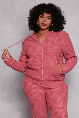 Womens Plus Size Textured Knit Hooded Sweatshirt, Pink, Size 1X