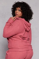 Womens Plus Size Textured Knit Hooded Sweatshirt, Pink, Size 1X