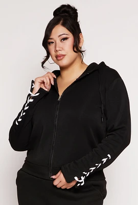 Womens Plus Lace Up Sleeve Hooded Sweatshirt,