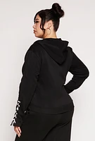 Womens Plus Size Lace Up Sleeve Hooded Sweatshirt, Black, Size 3X