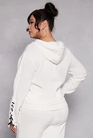 Womens Plus Lace Up Sleeve Hooded Sweatshirt, White,