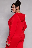 Womens Plus Size Lace Up Sleeve Hooded Sweatshirt, Red, Size 2X