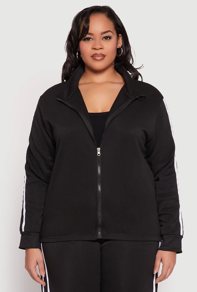 Womens Plus Size Varsity Stripe Zip Front Sweatshirt, Black, Size 3X