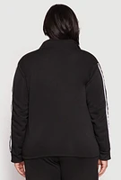 Womens Plus Size Varsity Stripe Zip Front Sweatshirt, Black, Size 3X