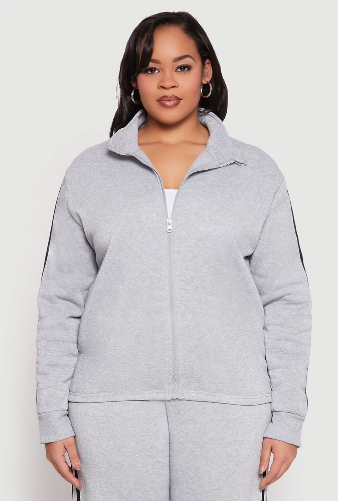 Womens Plus Size Varsity Stripe Zip Front Sweatshirt, Grey, Size 2X