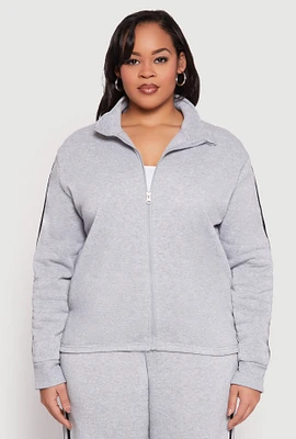 Womens Plus Size Varsity Stripe Zip Front Sweatshirt, Grey, Size 2X