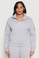 Womens Plus Size Varsity Stripe Zip Front Sweatshirt, Grey, Size 2X