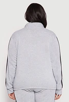 Womens Plus Size Varsity Stripe Zip Front Sweatshirt, Grey, Size 2X