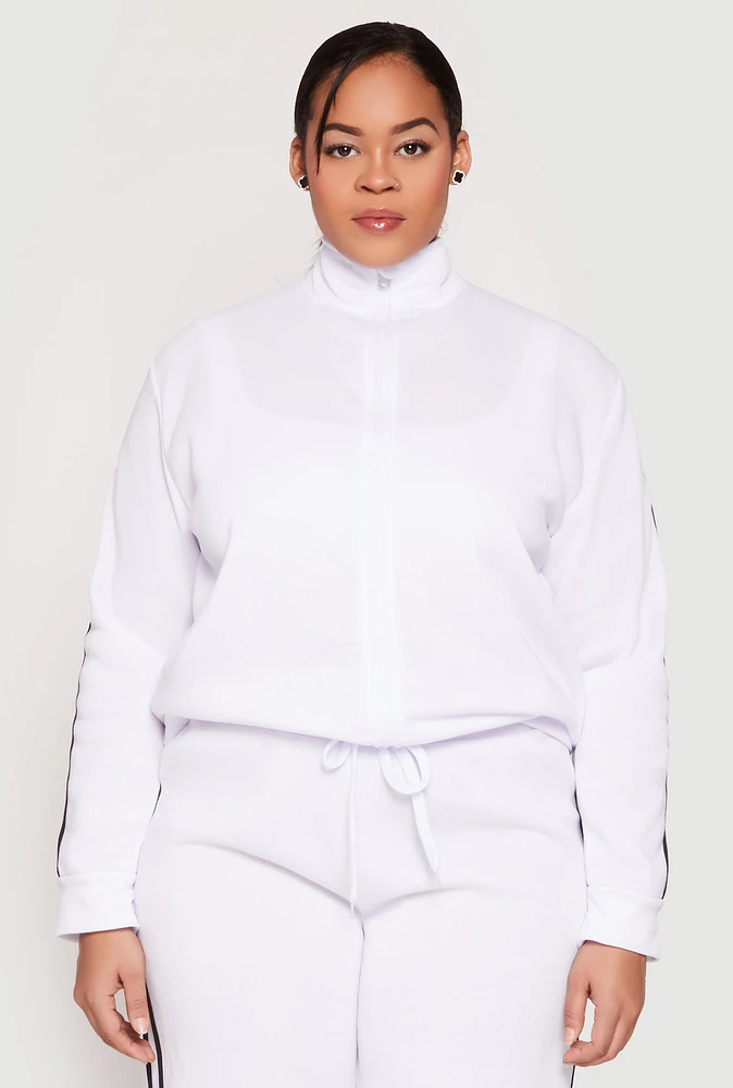 Womens Plus Size Varsity Stripe Zip Front Sweatshirt, White, Size 3X