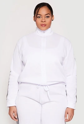 Womens Plus Size Varsity Stripe Zip Front Sweatshirt, White, Size 3X
