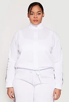 Womens Plus Size Varsity Stripe Zip Front Sweatshirt, White, Size 3X