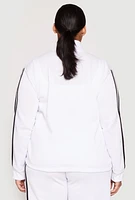 Womens Plus Size Varsity Stripe Zip Front Sweatshirt, White, Size 3X