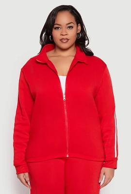Womens Plus Size Varsity Stripe Zip Front Sweatshirt, Red, Size 1X