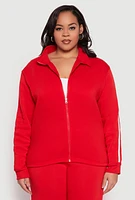 Womens Plus Size Varsity Stripe Zip Front Sweatshirt, Red, Size 1X