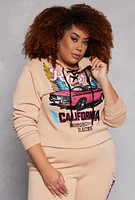 Womens Plus Size Racer California Hooded Sweatshirt, Beige, Size 1X