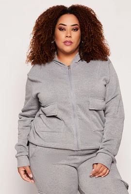 Womens Plus Size Fleece Cargo Pocket Zip Hoodie, Grey, Size 3X