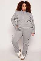 Womens Plus Size Fleece Cargo Pocket Zip Hoodie, Grey, Size 3X
