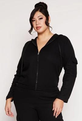 Womens Plus Size Cargo Pocket Hooded Sweatshirt, Black, Size 3X