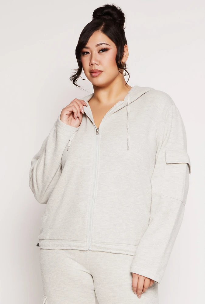 Womens Plus Size Cargo Pocket Hooded Sweatshirt, Grey, Size 3X