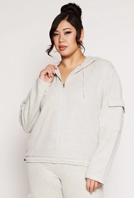 Womens Plus Size Cargo Pocket Hooded Sweatshirt, Grey, Size 3X