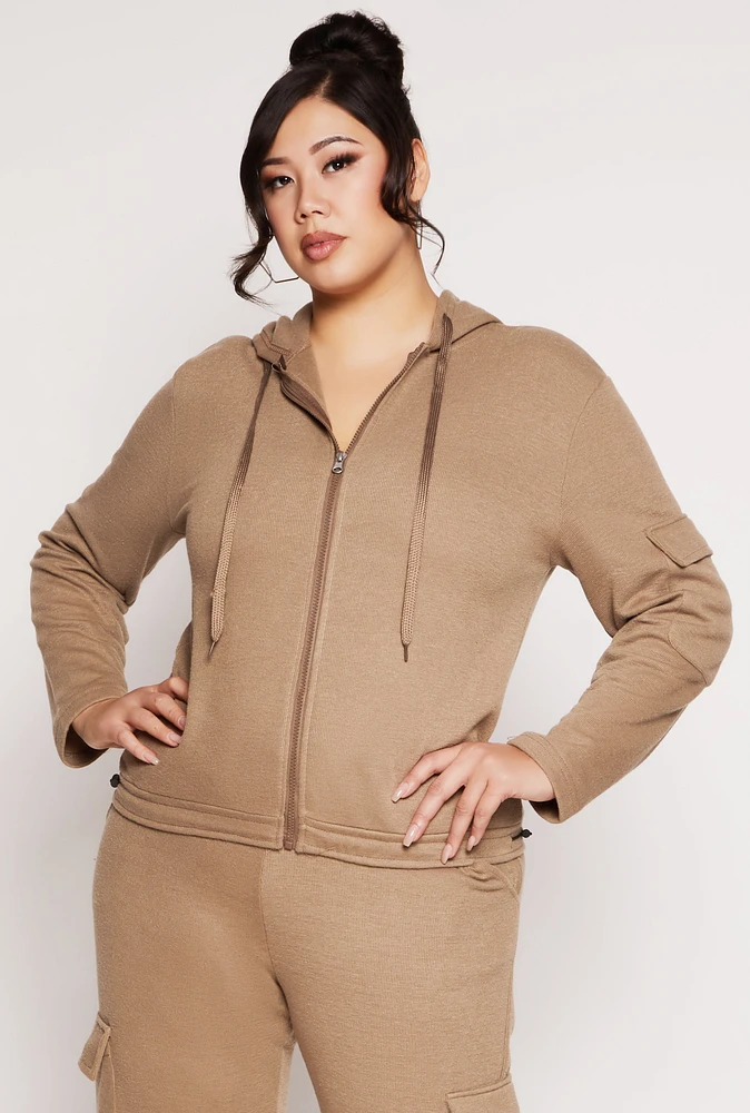 Womens Plus Cargo Pocket Hooded Sweatshirt, Beige,