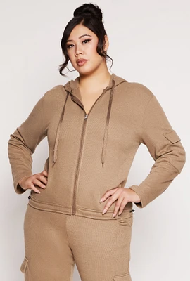Womens Plus Cargo Pocket Hooded Sweatshirt, Beige,