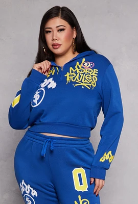 Womens Plus Size Graffiti Print Half Zip Hoodie, Blue, Size 1X