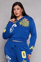 Womens Plus Size Graffiti Print Half Zip Hoodie, Blue, Size 1X