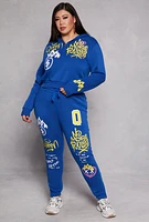 Womens Plus Size Graffiti Print Half Zip Hoodie, Blue, Size 1X