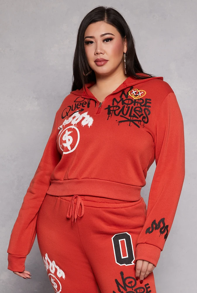 Womens Plus Size Graffiti Print Half Zip Hoodie, Red, Size 2X