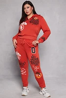 Womens Plus Size Graffiti Print Half Zip Hoodie, Red, Size 2X