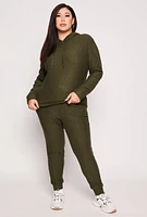 Womens Plus Size Leopard Textured Knit Hoodie, Green, Size 3X