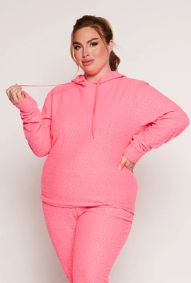 Womens Plus Size Leopard Textured Knit Hoodie, Pink, Size 1X