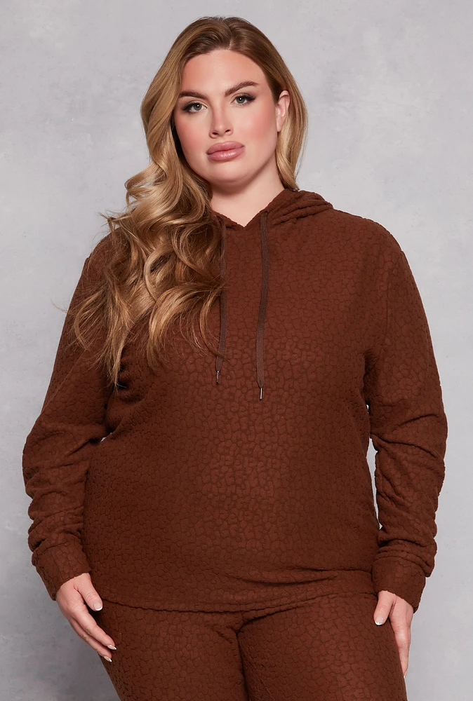 Womens Plus Size Leopard Textured Knit Hoodie, Brown, Size 3X