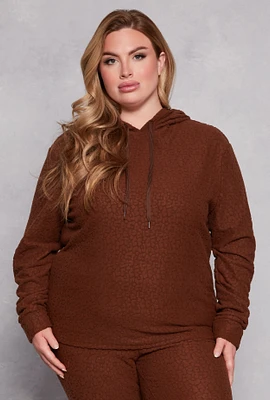 Womens Plus Size Leopard Textured Knit Hoodie, Brown, Size 3X