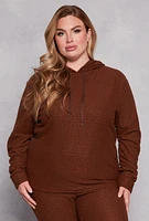 Womens Plus Size Leopard Textured Knit Hoodie, Brown, Size 3X