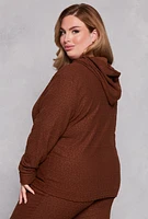 Womens Plus Size Leopard Textured Knit Hoodie, Brown, Size 3X