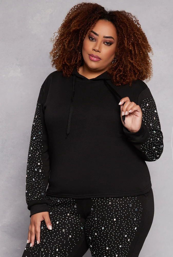 Womens Plus Rhinestone Sleeve Hoodie, Black,