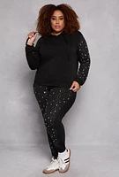 Womens Plus Rhinestone Sleeve Hoodie, Black,