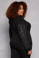 Womens Plus Rhinestone Sleeve Hoodie, Black,