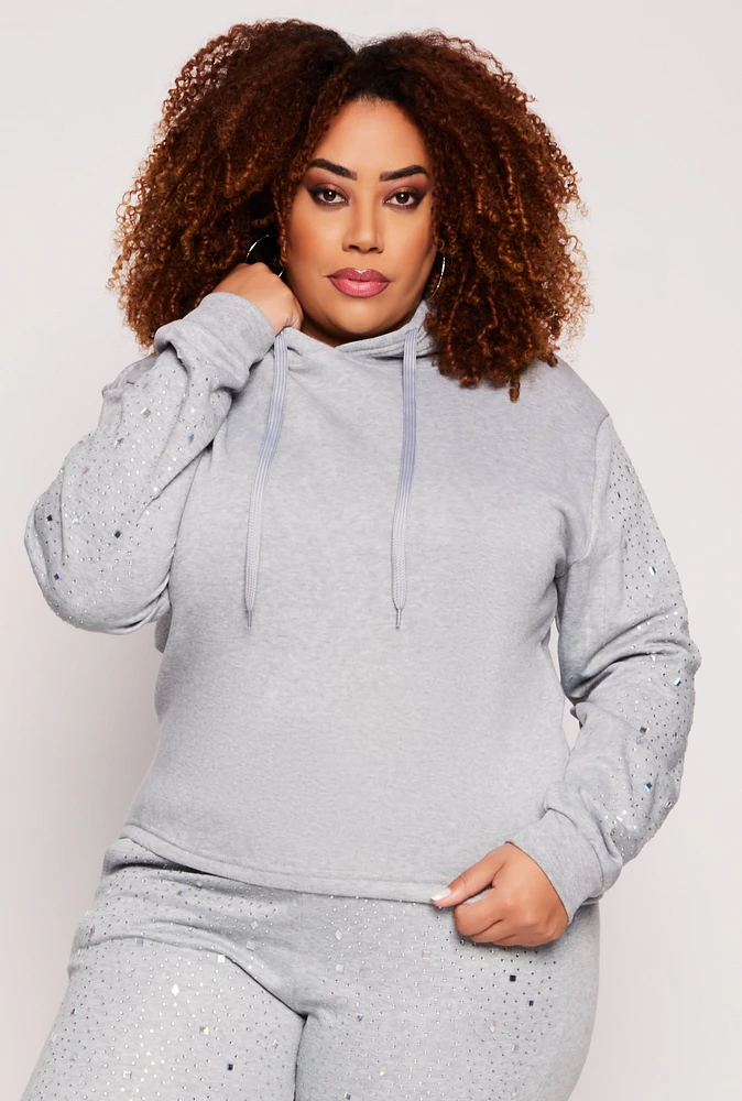 Womens Plus Size Rhinestone Sleeve Hoodie, Grey, Size 1X