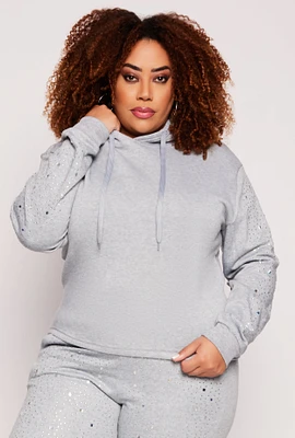 Womens Plus Size Rhinestone Sleeve Hoodie, Grey, Size 1X