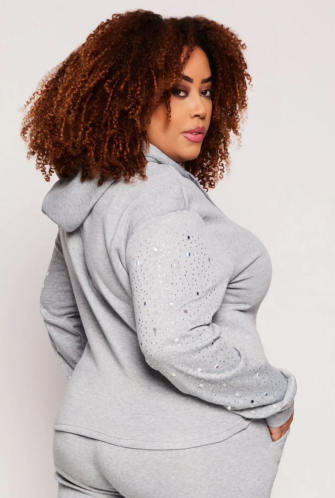 Womens Plus Size Rhinestone Sleeve Hoodie, Grey, Size 1X