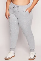 Womens Plus Size Rhinestone Drawstring Joggers, Grey, Size 3X