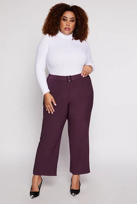 Womens Plus Size Scuba Belted Front Wide Leg Pants, Purple, Size 2X