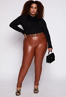 Womens Plus Size Faux Leather High Waist Pants, Brown, Size 3X