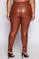 Womens Plus Size Faux Leather High Waist Pants, Brown, Size 3X